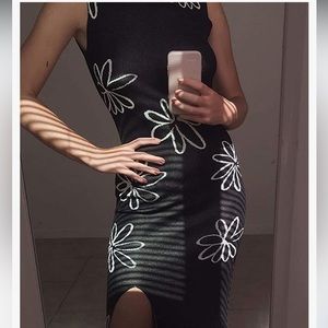 Print Knit Bodycon Dress for Women Y2K B/W Hollow Out Midi Dress